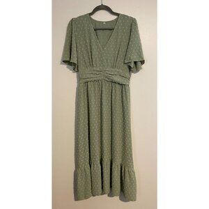 Unbranded Green Polka Dot Midi Dress V-Neck M Ruched Back Smocked Back Cottage